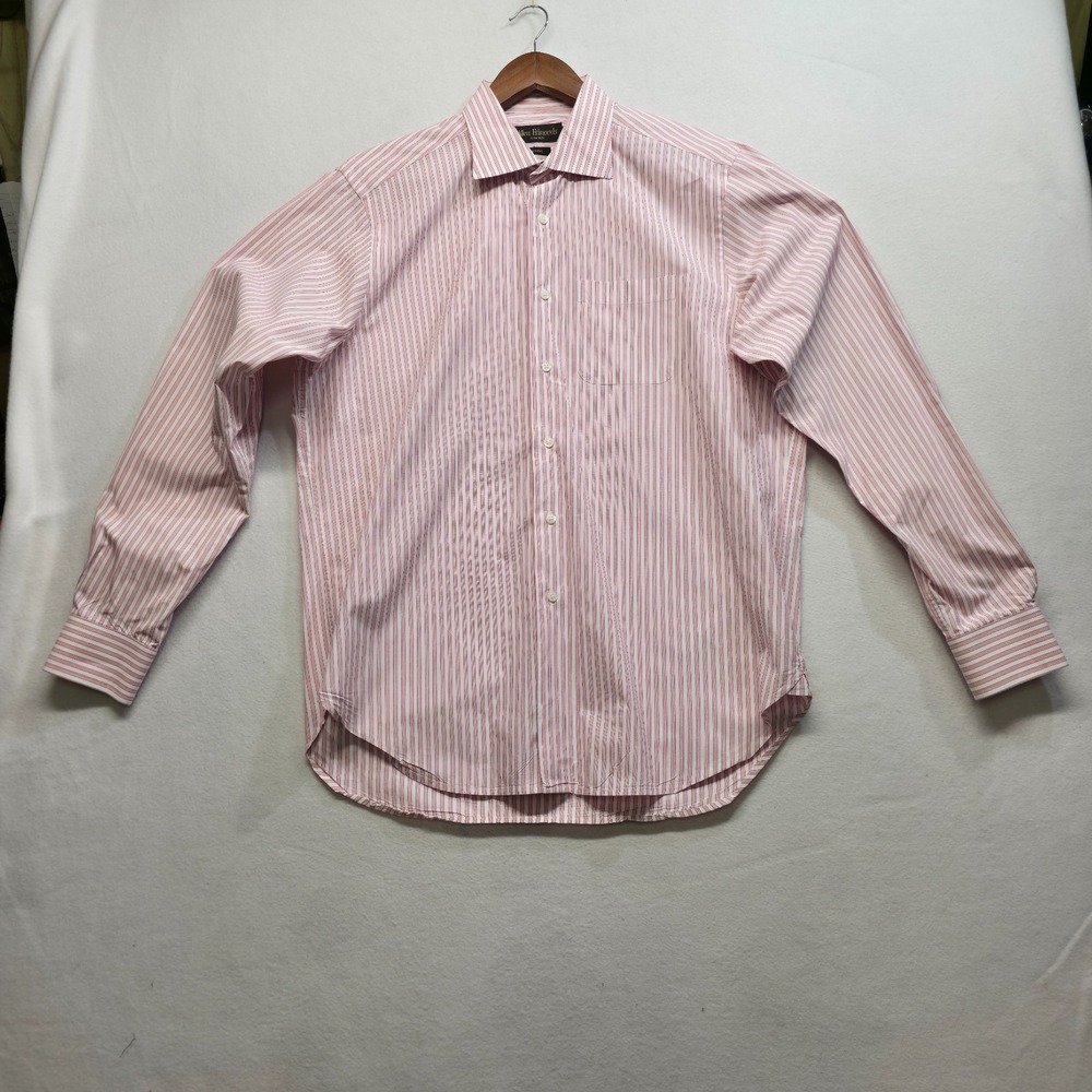 Allen Edmonds Men's Pink Stripe Long Sleeve Button Up Shirt Size Large Made USA